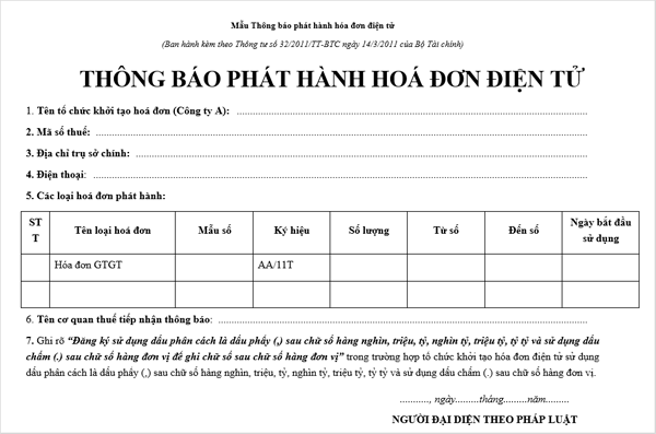 thong bao phat hanh hoa don dien tu